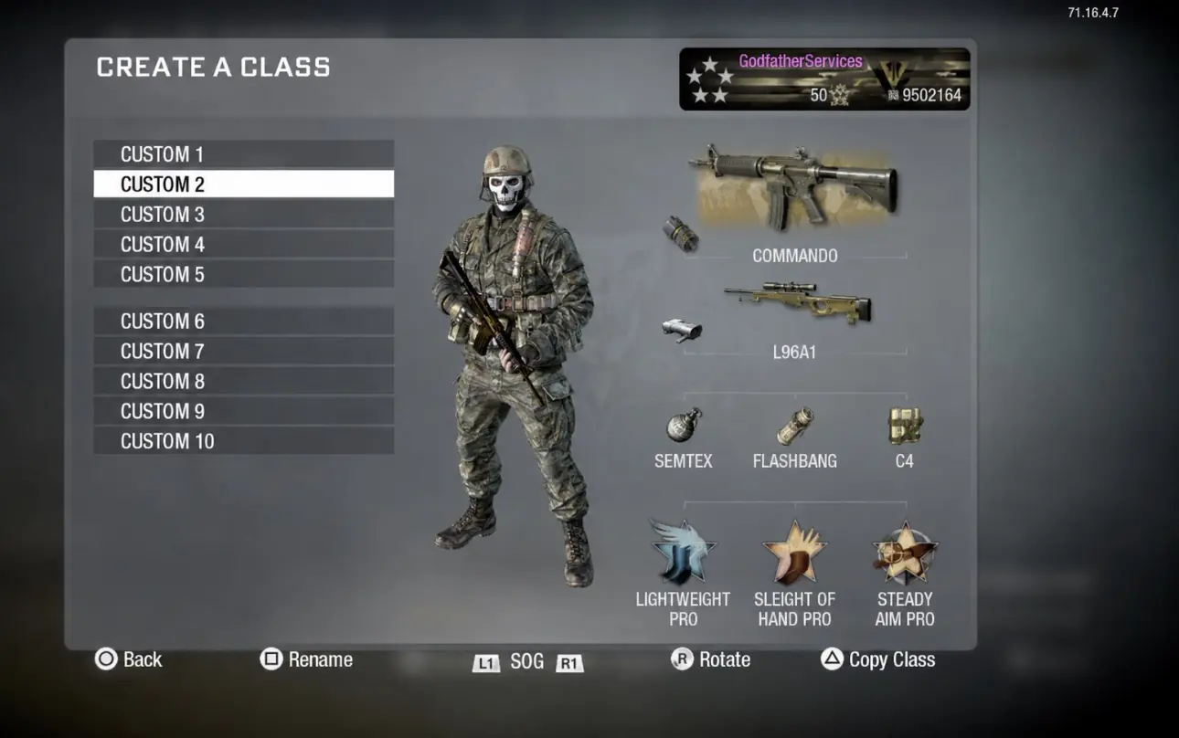 Black Ops 1 create a class menu showing a fully unlocked account with pro perks