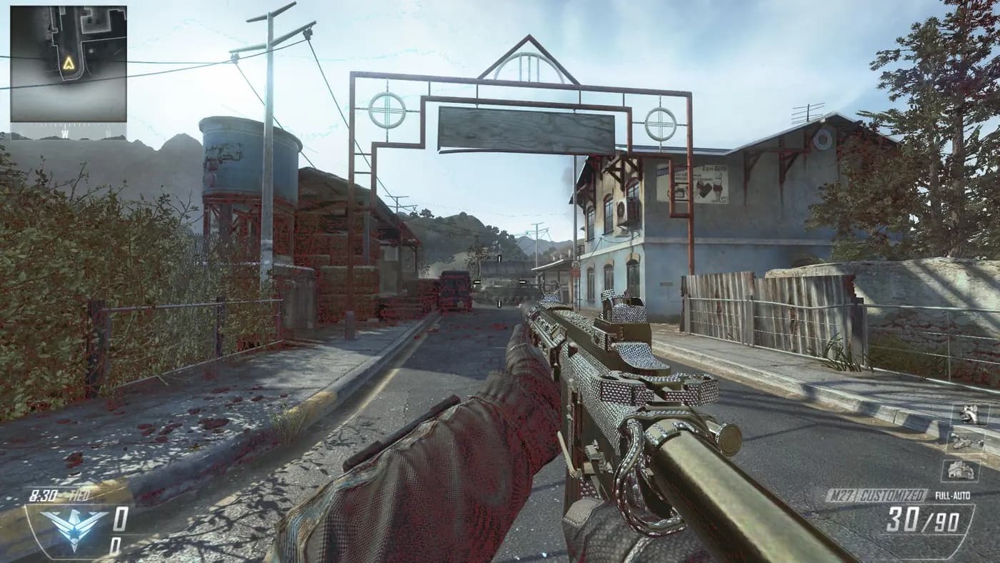 Black Ops 2 modded gameplay showing a customised weapon skin and altered field of view