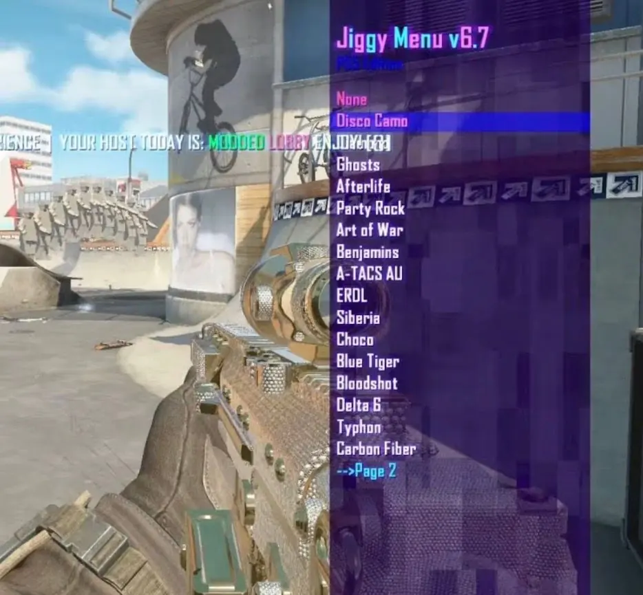 Black Ops 2 gameplay with the Jiggy Menu v6.7 PS5 Edition camo list open over a modded lobby