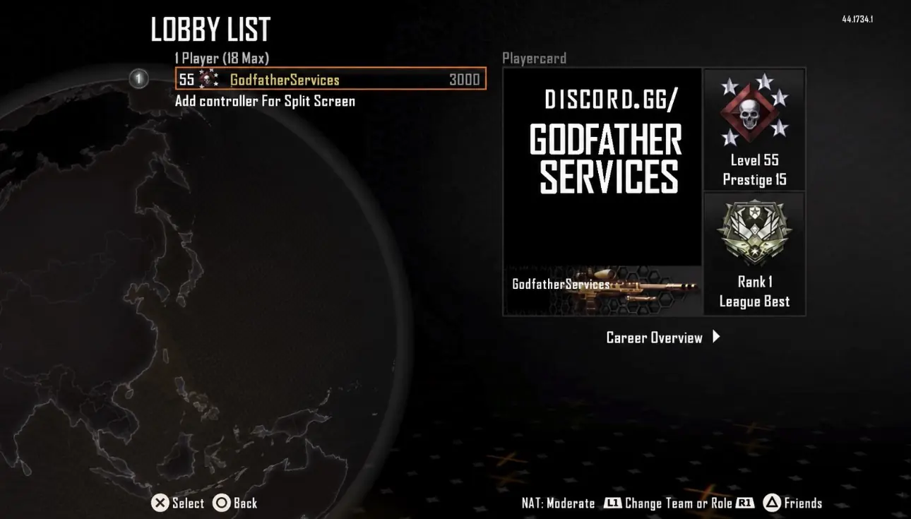 Black Ops 2 lobby showing a level 55 prestige 15 account with a Rank 1 League Best playercard